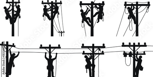 Vector electrician and power line worker silhouette collection, man climbing utility pole installing cables for electrical service and professional job design.