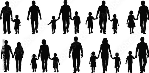 Vector father and child silhouette set collection, parent with son and daughter walking, holding hands, representing family, care, and parenthood illustration.