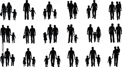 Vector family silhouette set collection, parents and children walking, standing, and hugging poses, representing togetherness, love, and kinship illustration.