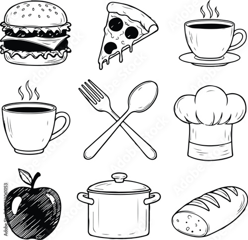 Hand drawn food and kitchen icons collection