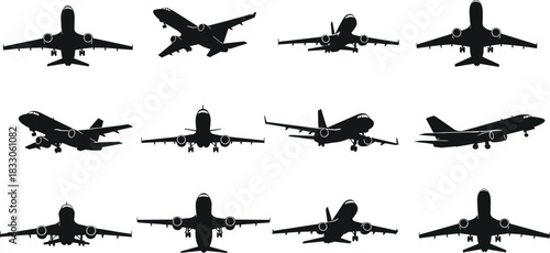 Twelve black silhouette airplanes in various flight positions on white background