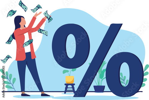 Business Income tax - Woman making money standing with percentage sign smiling and throwing bills in air. Finances calculation and surplus concept in flat design vector stock illustration