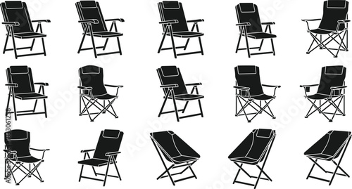 Vector folding camping chair silhouette set collection, portable outdoor furniture for hiking, fishing, travel, and picnic leisure activity design.