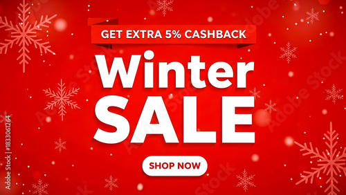 Winter sale announcement with extra 5 percent cashback offer and shop now button