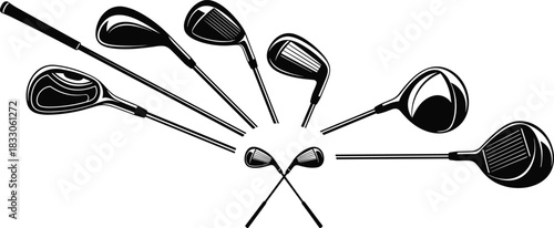 Vector golf club silhouette set collection, professional sport equipment driver and iron head arranged for game, course, and tournament design.