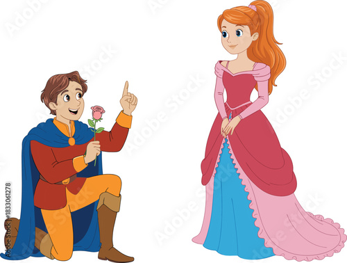 Prince proposing to princess, romance fairytale illustration, rose in hand, royal love scene, storybook characters, fantasy medieval costume, wedding concept, fairy tale art