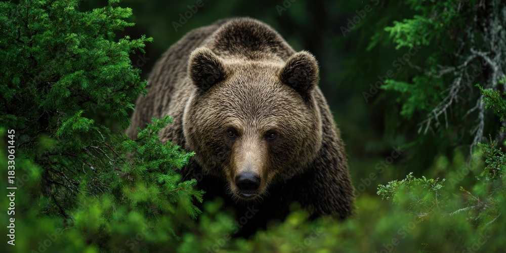 Obraz premium Brown bear emerging from forest looking directly at viewer