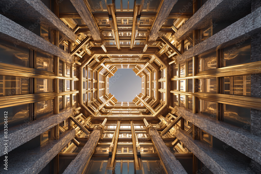 Fototapeta premium Architectural abstract view of a modern building interior looking up with golden accents