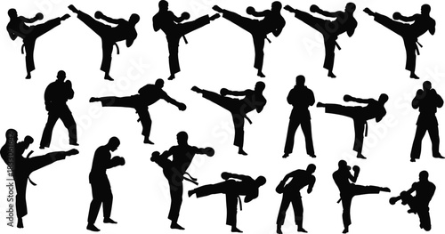Vector martial arts and kickboxing combat sport silhouette set collection, male fighters performing various high kicks and training poses illustration design.