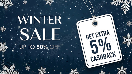 Winter sale announcement with 5 percent cashback offer and snowflakes on dark blue background