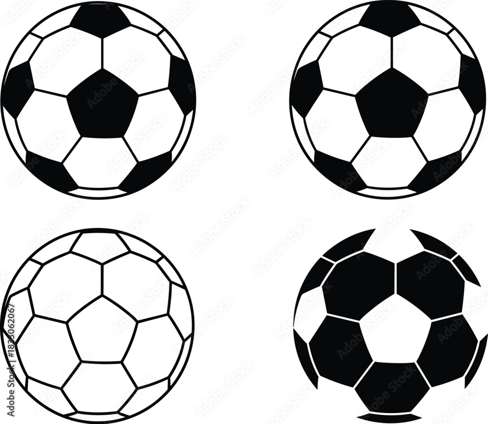 Obraz premium Vector soccer ball and football outline silhouette collection, traditional black and white geometric pattern for sport game, league, and championship design