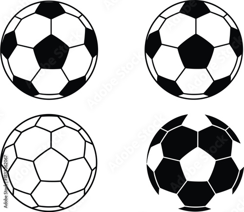 Vector soccer ball and football outline silhouette collection, traditional black and white geometric pattern for sport game, league, and championship design