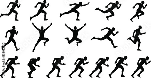 Vector running and sprinting athlete silhouette collection, male figures in various poses for fitness, marathon, athletics, and active lifestyle design.