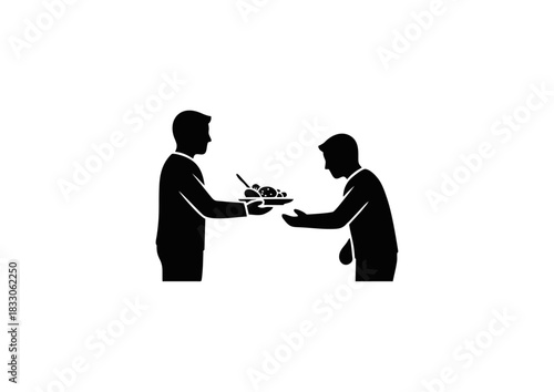 Conceptual illustration of a person offering a tray to another, symbolizing the concept of service, hospitality, giving, and receiving, representing thoughtful exchange and assistance