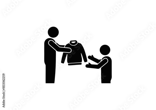 Stylized illustration portraying an adult offering a piece of clothing, such as a sweater or shirt, to a child, symbolizing kindness, charity, community support, and the act of giving to those in need