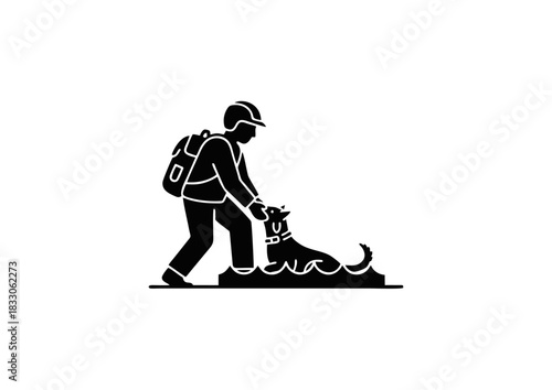 Dedicated individual in a helmet and backpack bravely pulling a dog from water, symbolizing vital animal rescue, flood relief, and emergency safety operations