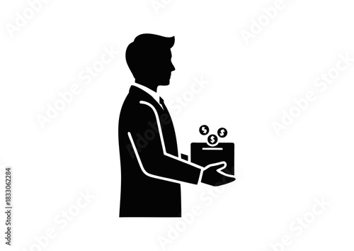 Black glyph icon of a person holding a donation box with coins, symbolizing charity, fundraising, and social support