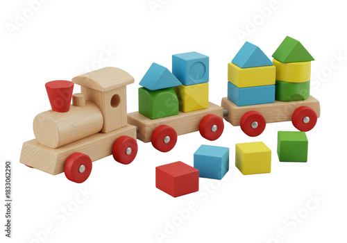 Pristine wooden toy train with light wood, primary blocks, red wheels on gray studio background, meticulous craftsmanship and playful sophistication