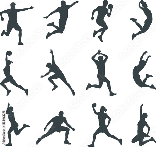 Vector sports jump and running silhouette set, dynamic male and female figures jumping and leaping poses for athletics, action, and fitness design