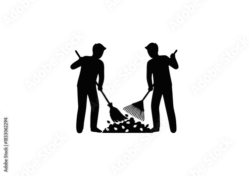Illustrative depiction of two individuals collaborating to rake and gather autumn leaves, symbolizing shared effort in seasonal outdoor cleanup and garden maintenance tasks