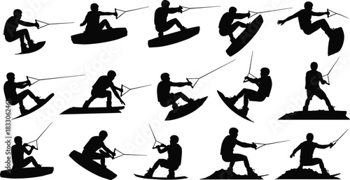 Vector wakeboarding extreme water sport silhouette collection, male athletes riding board performing jumps and tricks for summer fun and leisure design illustration.