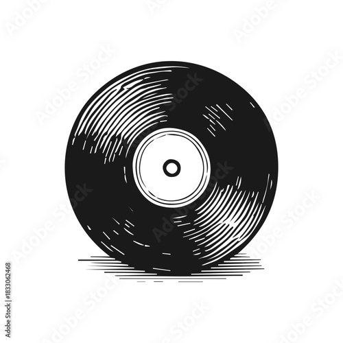 Black vynil record icon. Hand drawn engraved sketch illustration.