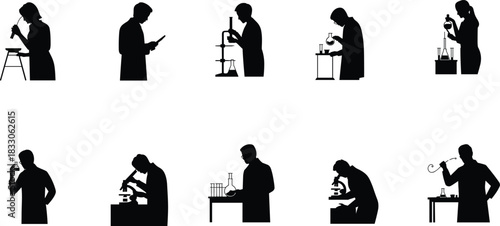 Scientist silhouette vector set, laboratory research profiles, science experiment black icons, chemist working shadows, microscope research, test tubes, lab equipment shapes, isolated vectors