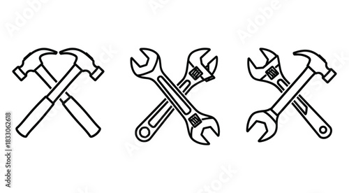Three sets of crossed hammers and wrenches as simple line art icons tool tools