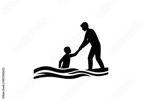 A graphic illustration symbolizing an adult offering a helping hand to a child in water, representing essential themes of rescue, safety, support, and protection for individuals in need