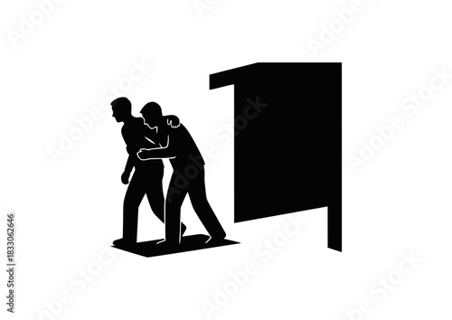 Vector icon of a rescue operation showing one person helping another escape, symbolizing support, assistance, and emergency evacuation