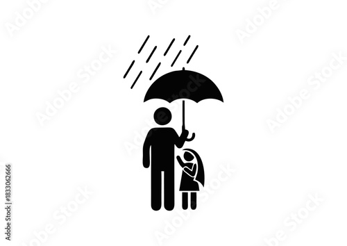 A person sheltering a child from the rain under an umbrella, symbolizing protection and care during inclement weather