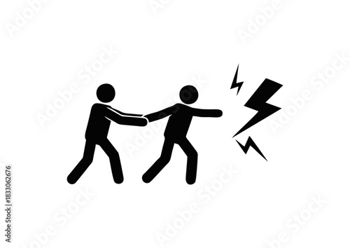 A symbolic illustration of one person pulling another away from an impending electrical shock represented by a lightning bolt, depicting prevention and safety from danger