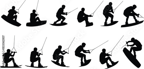 Wakeboarding silhouettes, water sport, dynamic poses, trick stances, tow rope, athlete motion, black icons, extreme sport, wakeboard action, skill