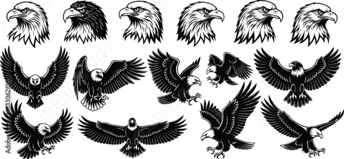 Set of Powerful Bald Eagle Heads and Full-Body Silhouettes, Flying, Hunting, and Perching Poses, Vector Graphics Collection of Predatory Birds, Perfect for Logo and Emblem Design.