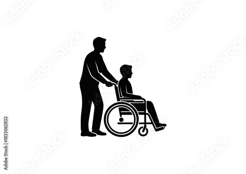 Stylized illustration depicting a caregiver pushing a person in a wheelchair, symbolizing support, mobility, and assistance for individuals with disabilities