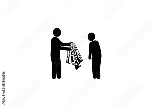 Minimalist stick figure icon illustrating a person offering a jacket or clothing item to another individual, symbolizing acts of charity, compassion, donation, and support