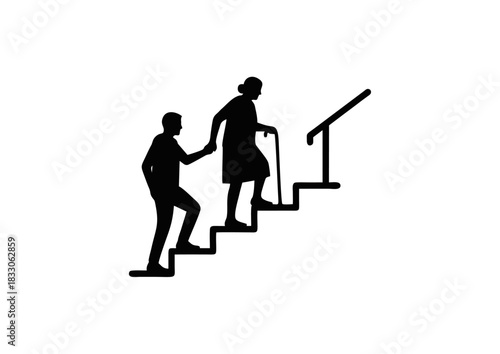 Caring individual providing assistance to an elderly person climbing stairs, a symbolic silhouette representing support, compassion, and intergenerational care for mobility