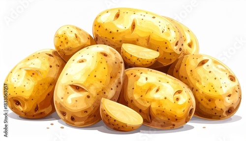 Pile of fresh yellow potatoes stacked in pyramid shape on clean white background.