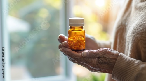 Senior hands holding glaucoma medication eye drops bottle, prescription label visible, home environment, natural daylight from window