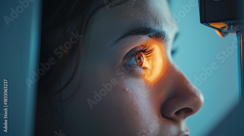 Patient undergoing visual field test for glaucoma detection, person's profile illuminated by perimetry machine light, concentrated expression