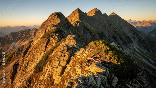 Breathtaking panoramic view of rugged mountain peaks bathed in the golden light of sunrise or sunset, portraying majestic and untouched alpine wilderness.
