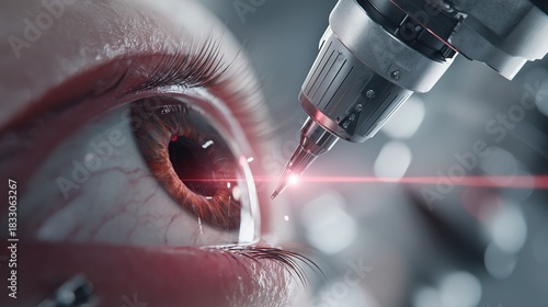 Ultra-realistic scene of a laser glaucoma treatment in a modern ophthalmology clinic, precise laser device pointed at patient’s eye, soft glow from laser, sharp medical detail