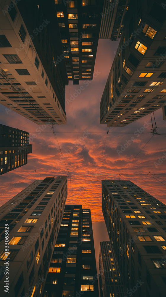 Obraz premium Upside down cityscape at sunset with dramatic sky