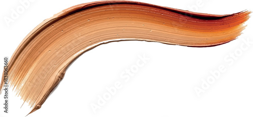 Abstract curved brush stroke of brown and orange paint on a white background.