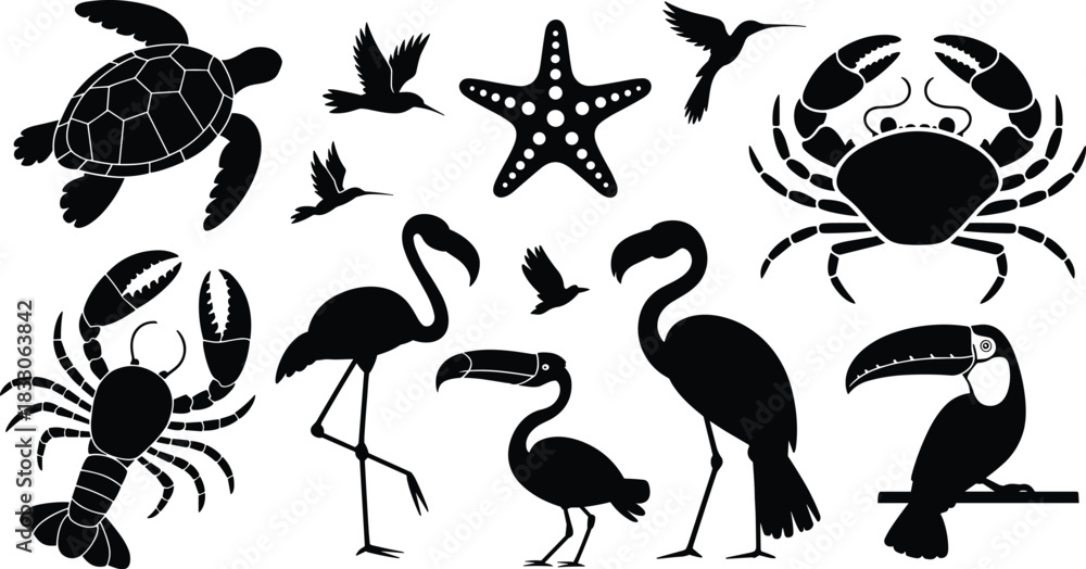 Fototapeta premium Black silhouette collection of tropical animals and sea creatures