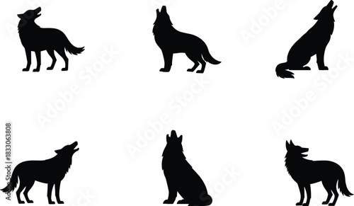 Wolf silhouette vector set, howling wolf black shape icons, nature logo design elements, wildlife profile cutouts, minimalist animal shadows, graphic pack, AI vector illustrations