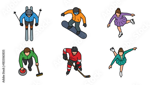 Winter Sports Icons: Skier, Snowboarder, Curler, Hockey Player, Figure Skaters