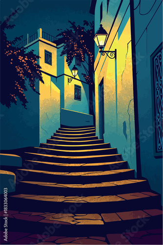 Tunisia at dusk - Stairway on the street in Sidi Bou Said - art deco style