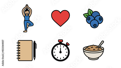 Wellness Icons: Yoga, Love, Berries, Journaling, Time, Oatmeal