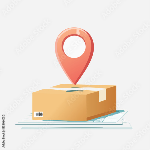 Delivery Location Pin Marker Above Cardboard Shipping Box on White Background Tracking Package Map Icon Logistics Concept